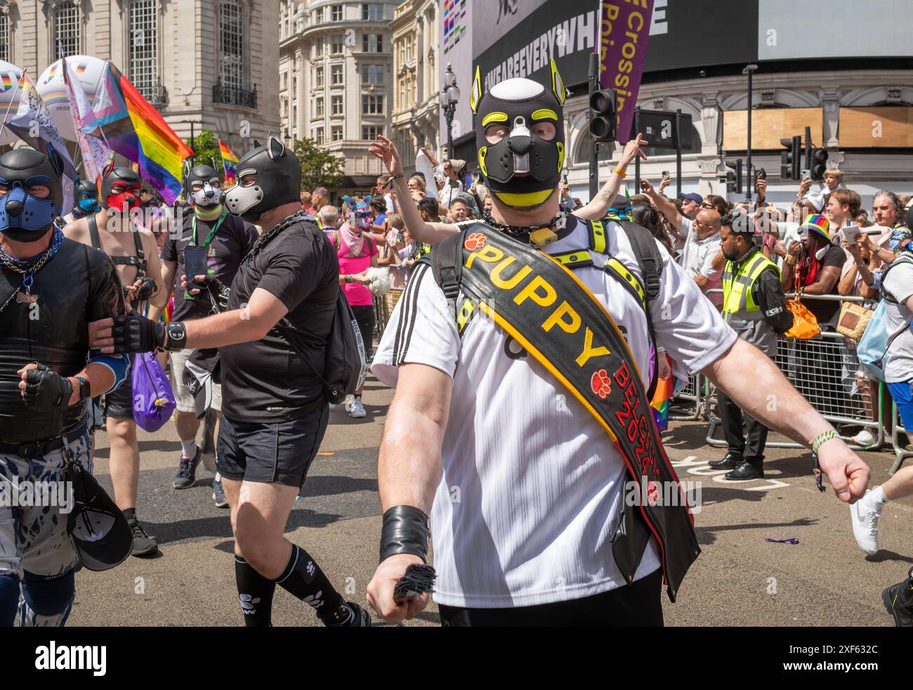 London / UK - Jun 29 2024: Gay men who identify as Pups in fetish  costumes at the annual Pride in London parade. The celebration brings together peop Stock Photo