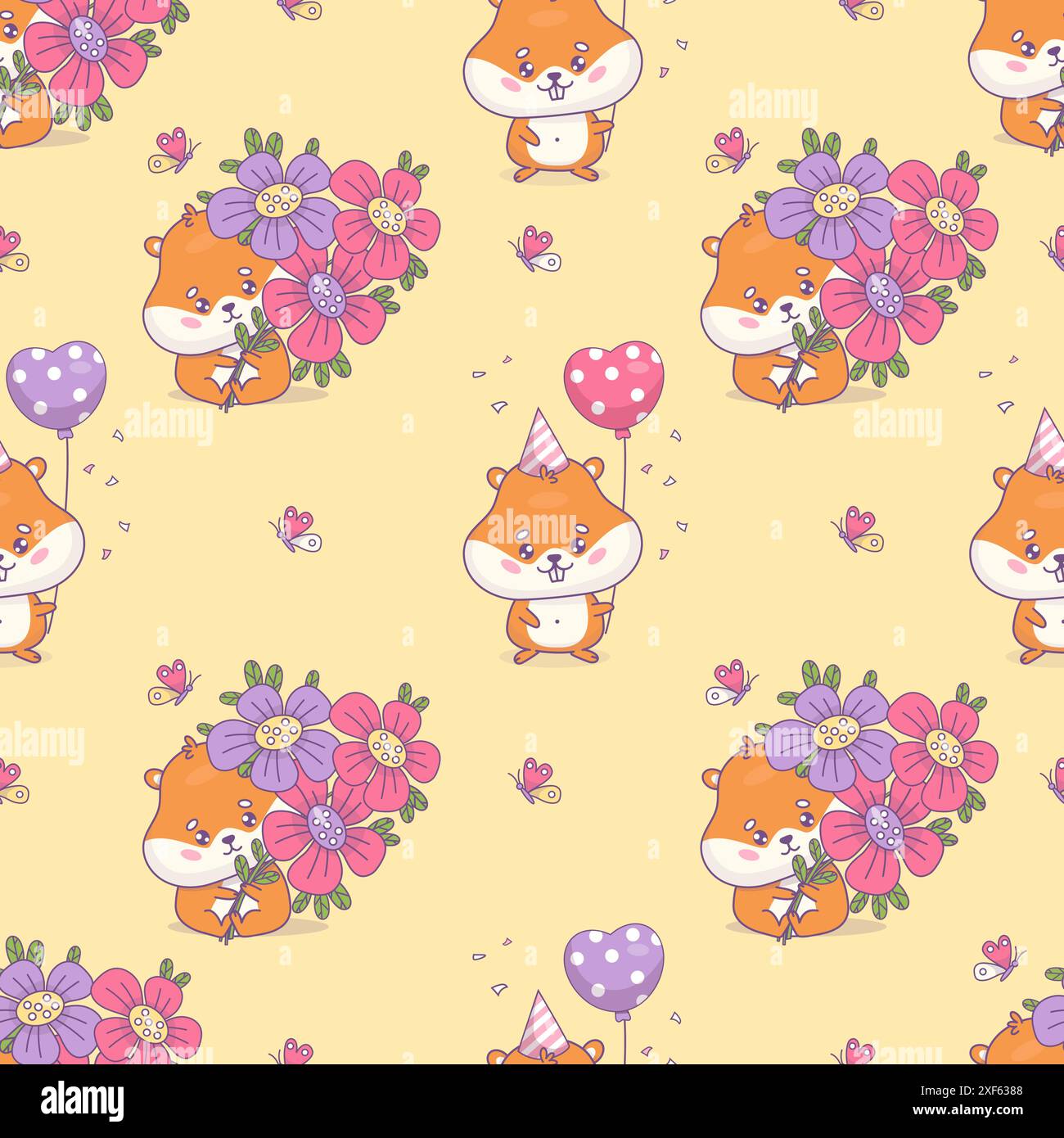 Hamster Pattern Background Seamless pattern with cute hamsters with flowers and in birthday cap ...
