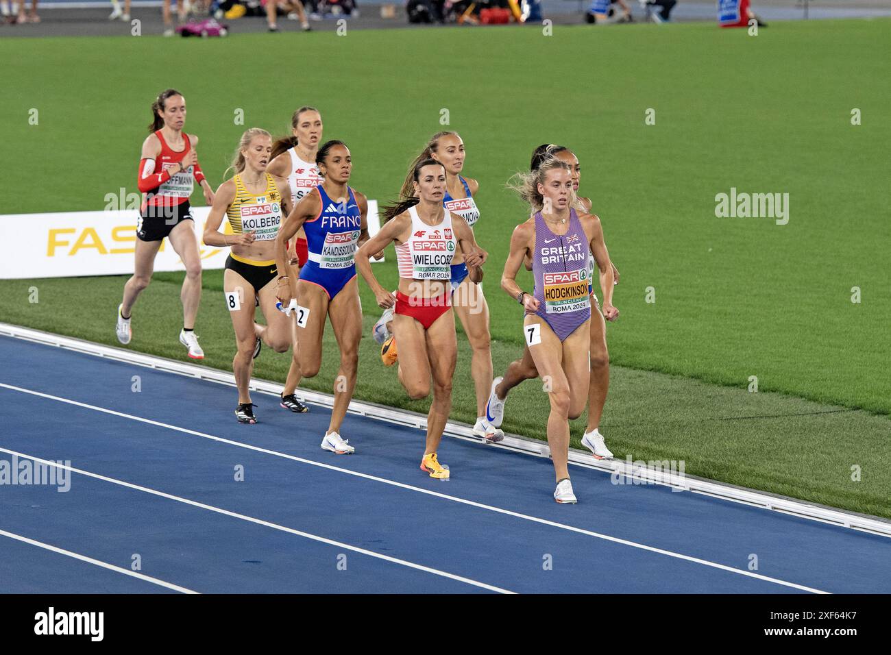 Keely Hodgkinson (GBR) leads the group of athletes during the final of the 800m women at European Athletics Championships Roma 2024, Rome, Italy Stock Photo