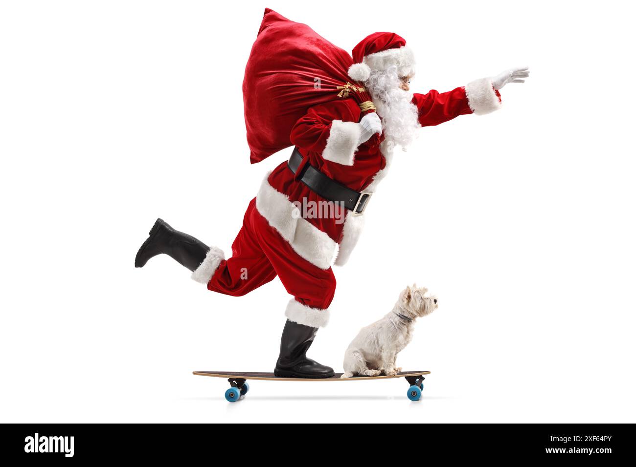 Full length profile shot of Santa Claus riding a longboard with a dog ...