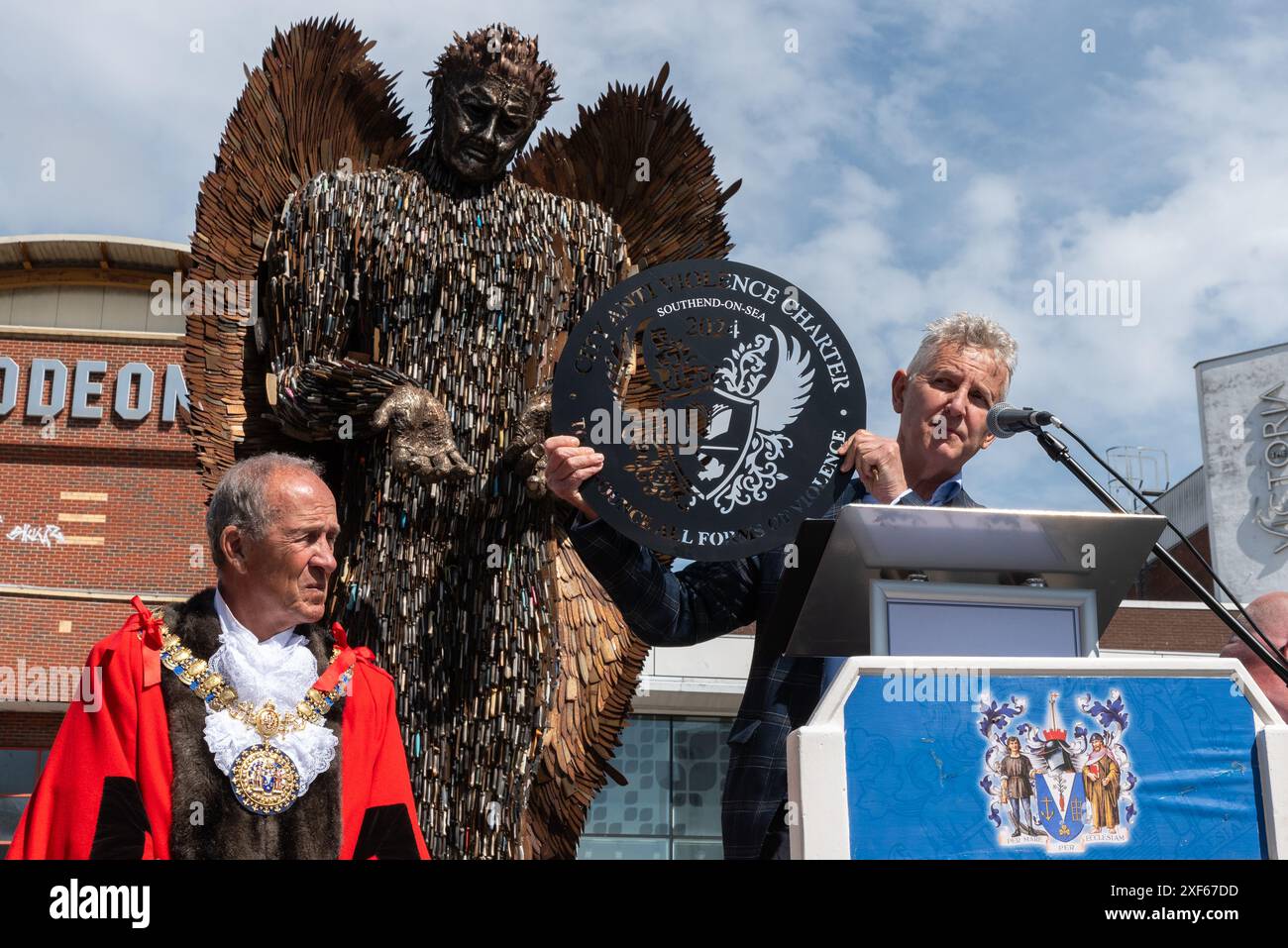The Knife Angel statue unveiled in the High Street of Southend on Sea, Essex, UK, constructed from disposed knives. Stock Photo