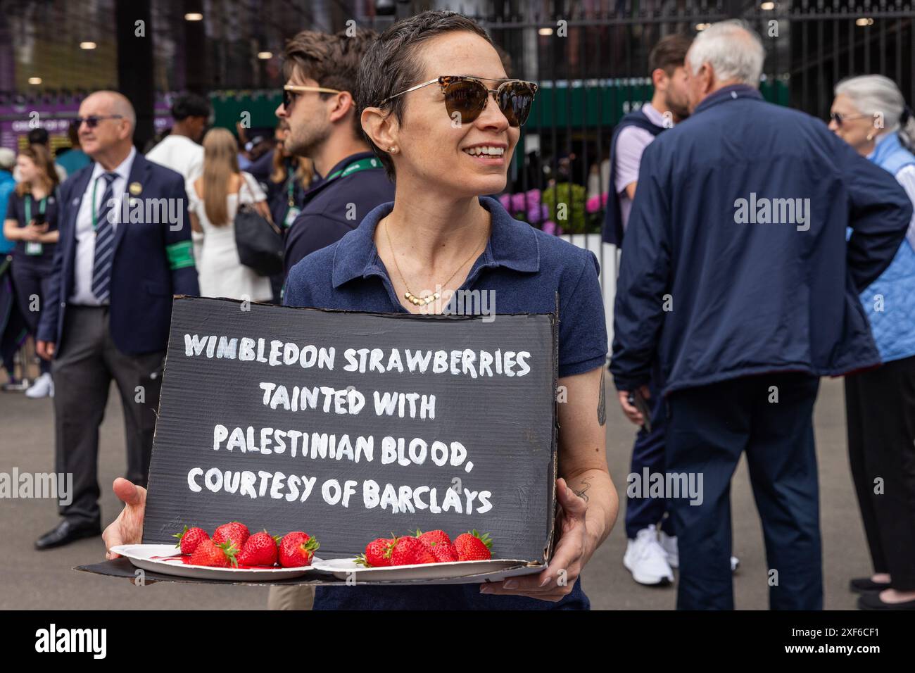 London, UK. 1st July, 2024. A pro-Palestinian activist holds a prop ...