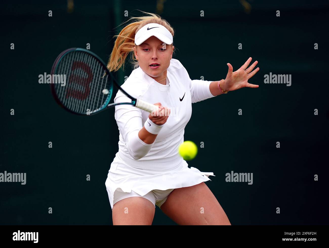 Brenda Fruhvirtova during her match against Mirra Andreeva (not pictured) on day one of the 2024 Wimbledon Championships at the All England Lawn Tennis and Croquet Club, London. Picture date: Monday July 1, 2024. Stock Photo