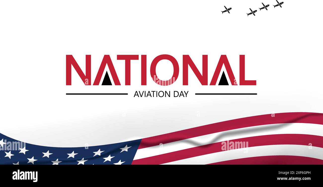 National Aviation Day emblem showcasing an aircraft and red, white, and blue colors Honor aviation advancements Stock Vector