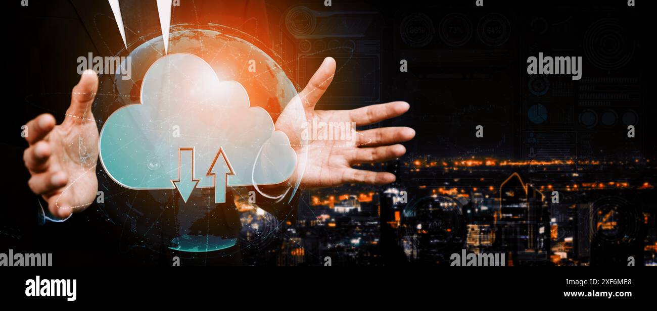Cloud computing technology and online data storage for business network concept. Computer connects to internet server service for cloud data transfer Stock Photo