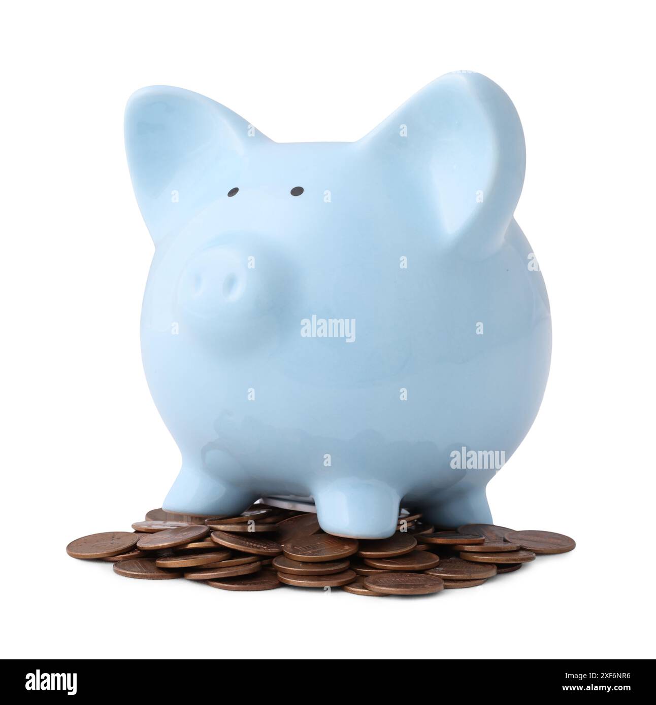 Light blue piggy bank and coins isolated on white Stock Photo - Alamy
