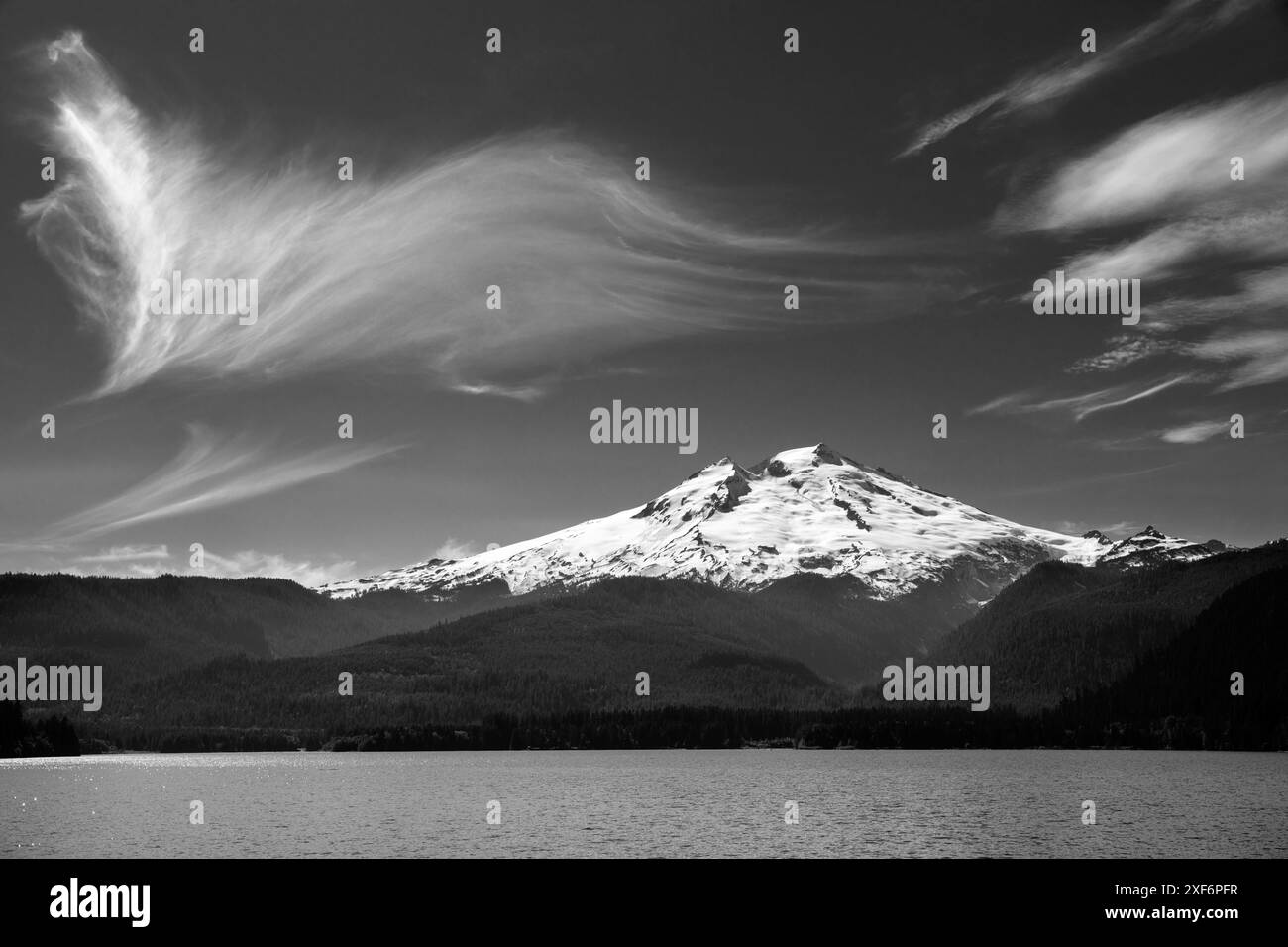 WA24953-00-BW......WASHINGTON - Baker Lake with Mount Baker in the distance, Noisy Creek Campsite, Baker Lake Trail, Mount Baker Snoqualmie National F Stock Photo