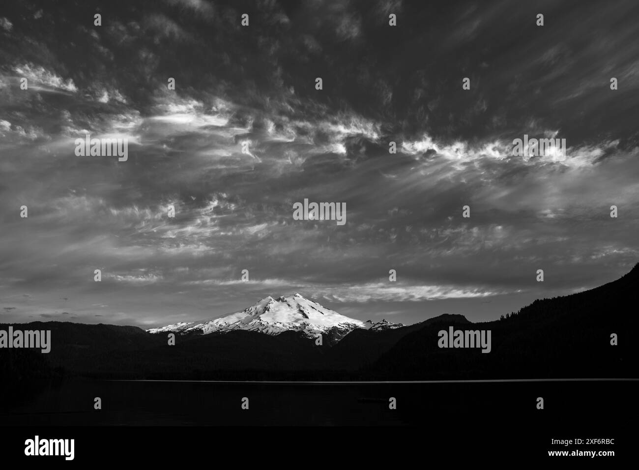WA24957-00-BW.......WASHINGTON - Baker Lake with Mount Baker in the distance, Noisy Creek Campsite, Baker Lake Trail, Mount Baker Snoqualmie National Stock Photo