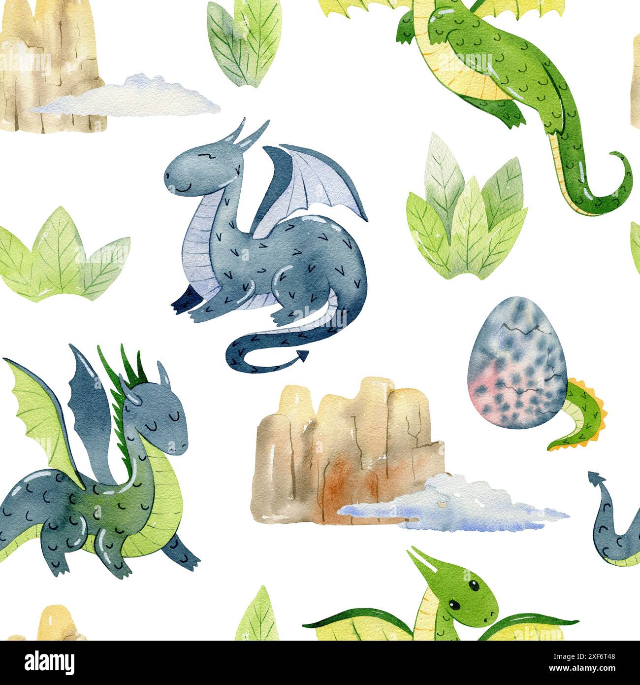 Watercolor seamless pattern with cute dragons. Hand drawn illustration ...