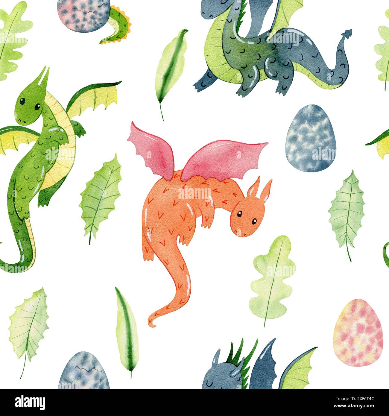 Watercolor seamless pattern with cute dragons. Hand drawn illustration ...