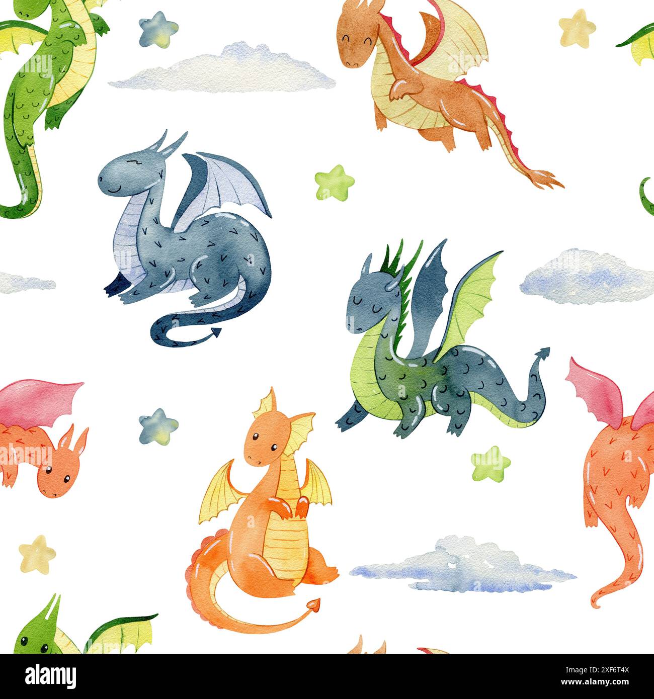 Watercolor seamless pattern with cute dragons. Hand drawn illustration ...