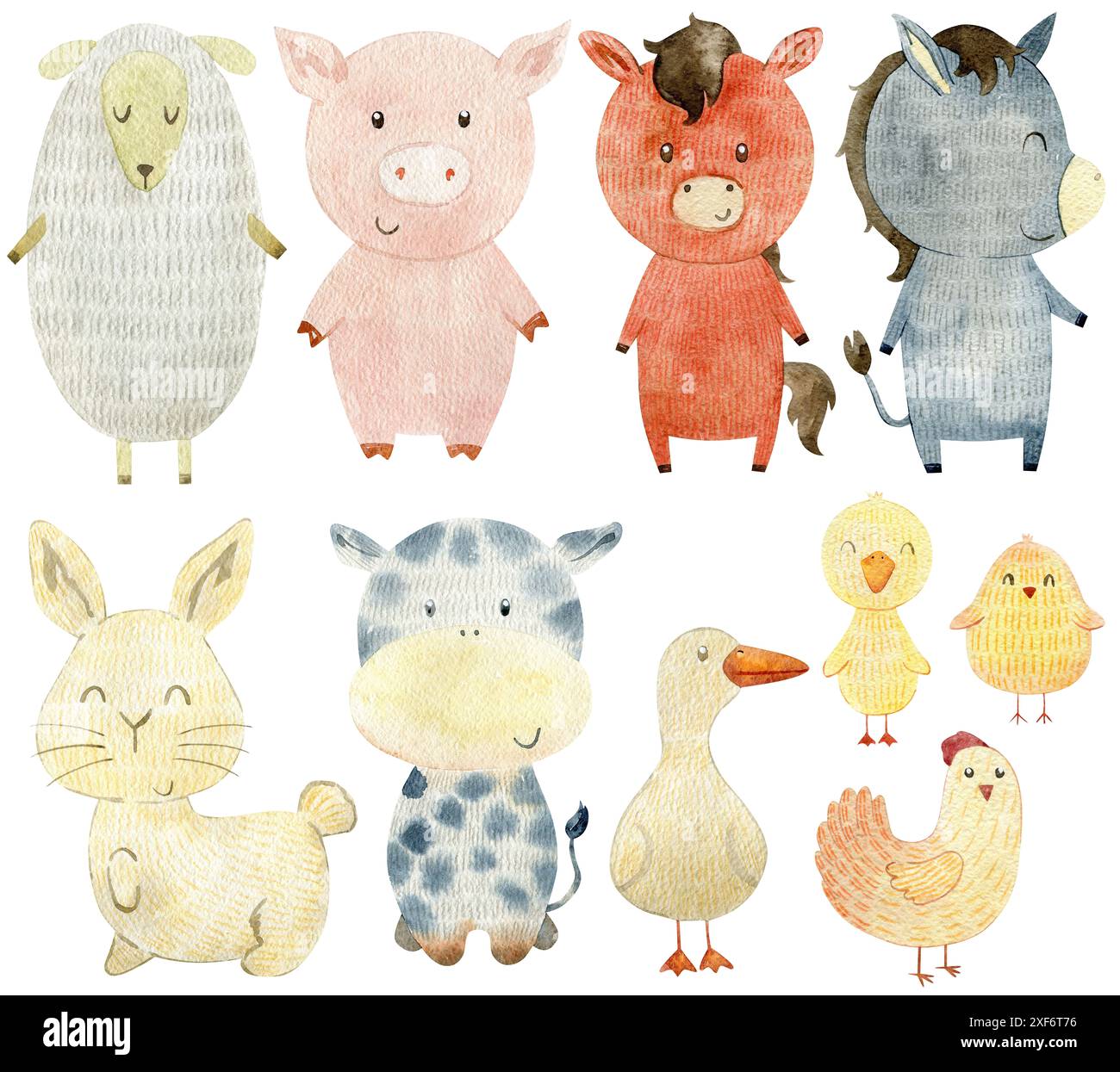 Farm Animals Set. Watercolor Illustration. Cute cartoon characters ...