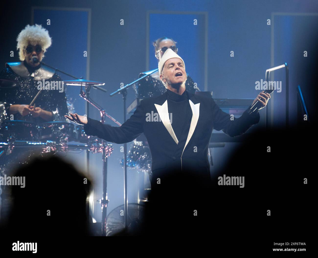Praha, Czech Republic. 01st July, 2024. Singer Neil Tennant (front) of English synth-pop duo Pet Shop Boys performs at their concert in Prague, Czech Republic, on July 1, 2024. Credit: Michaela Rihova/CTK Photo/Alamy Live News Stock Photo
