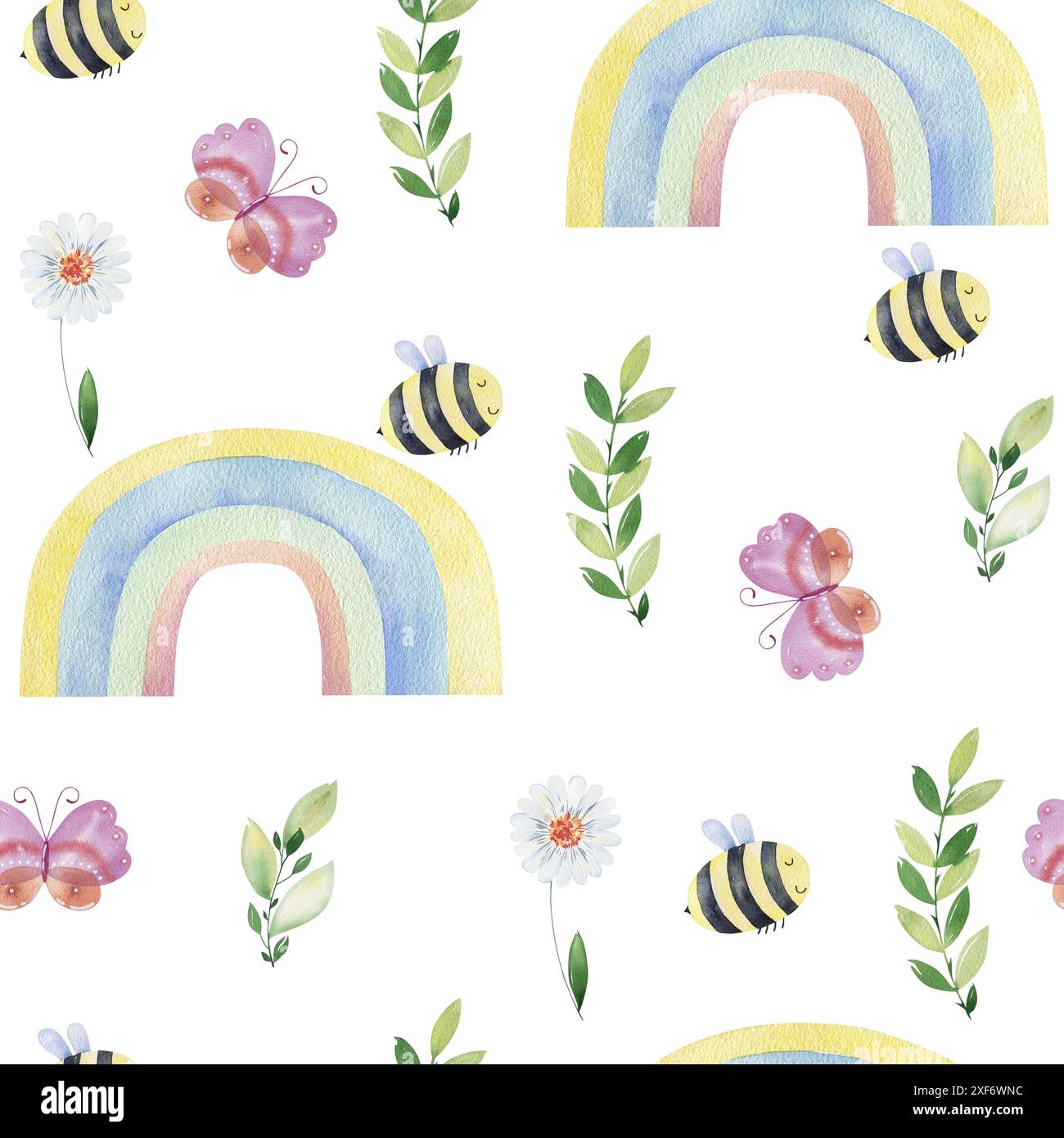 Watercolor seamless pattern with rainbows and insects. Background for ...