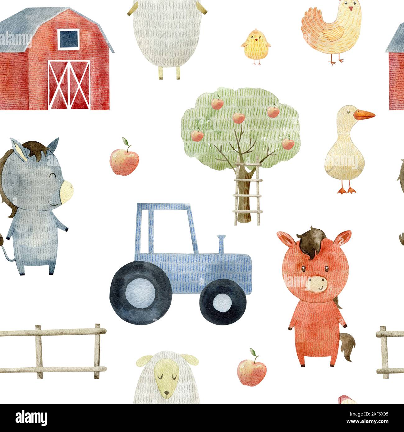Watercolor farm seamless pattern with animals. Cute cartoon characters ...