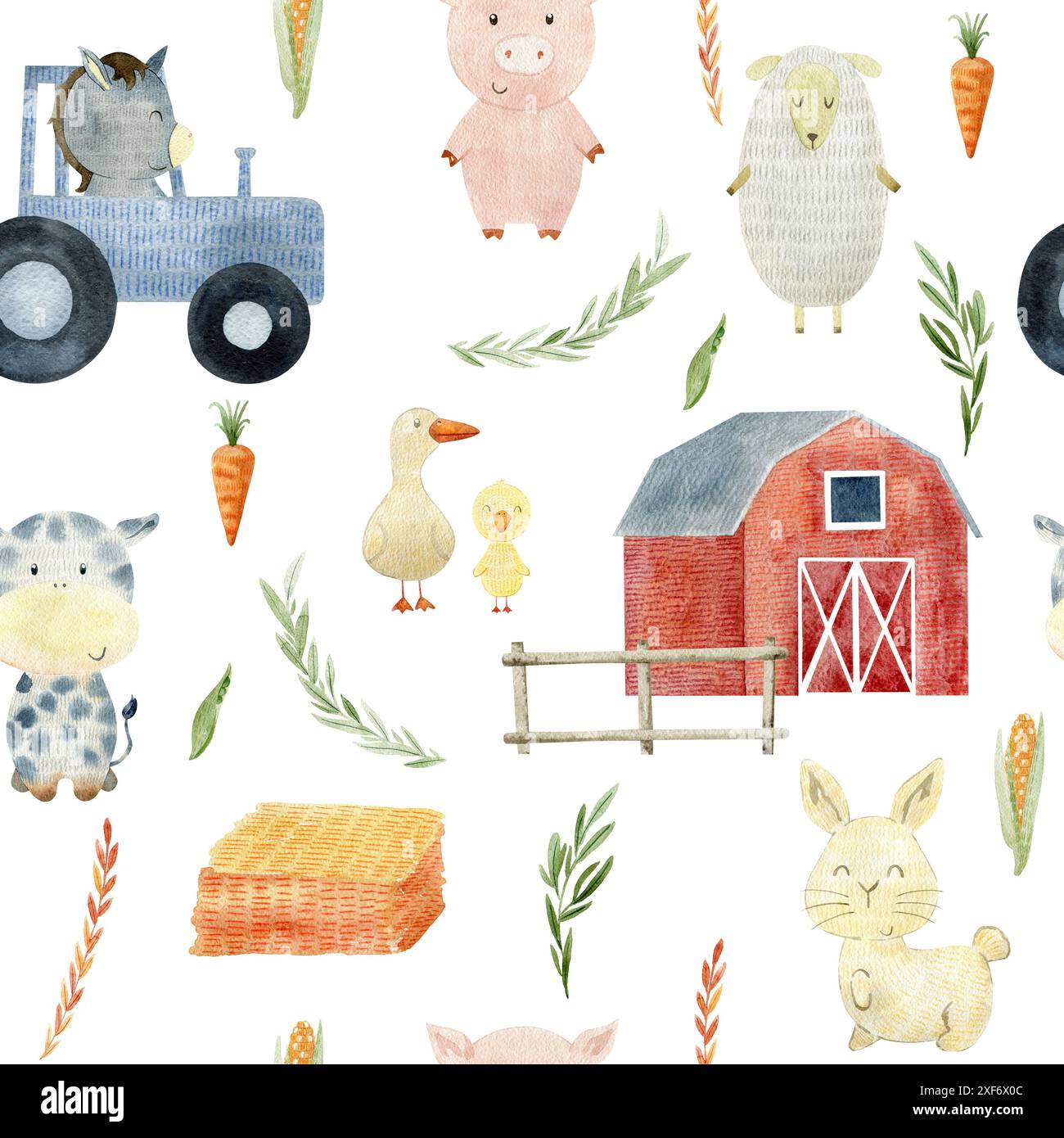 Watercolor farm seamless pattern with animals. Cute cartoon characters ...