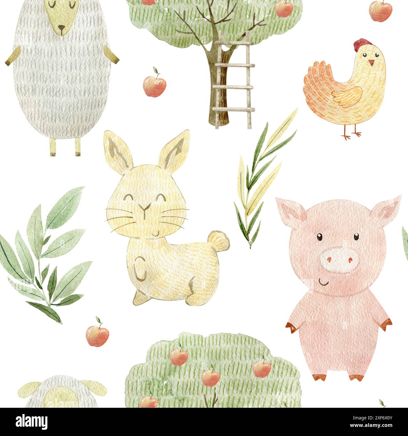 Watercolor farm seamless pattern with animals. Cute cartoon characters ...