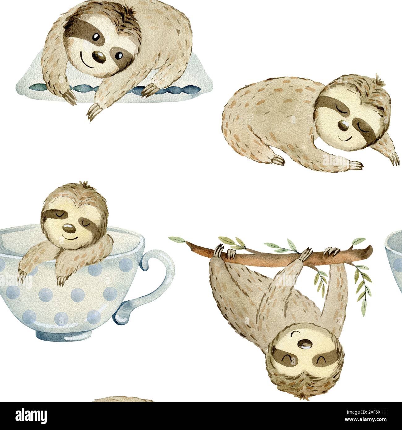 Watercolor seamless pattern with sloths. Exotic wallpaper for fabric ...