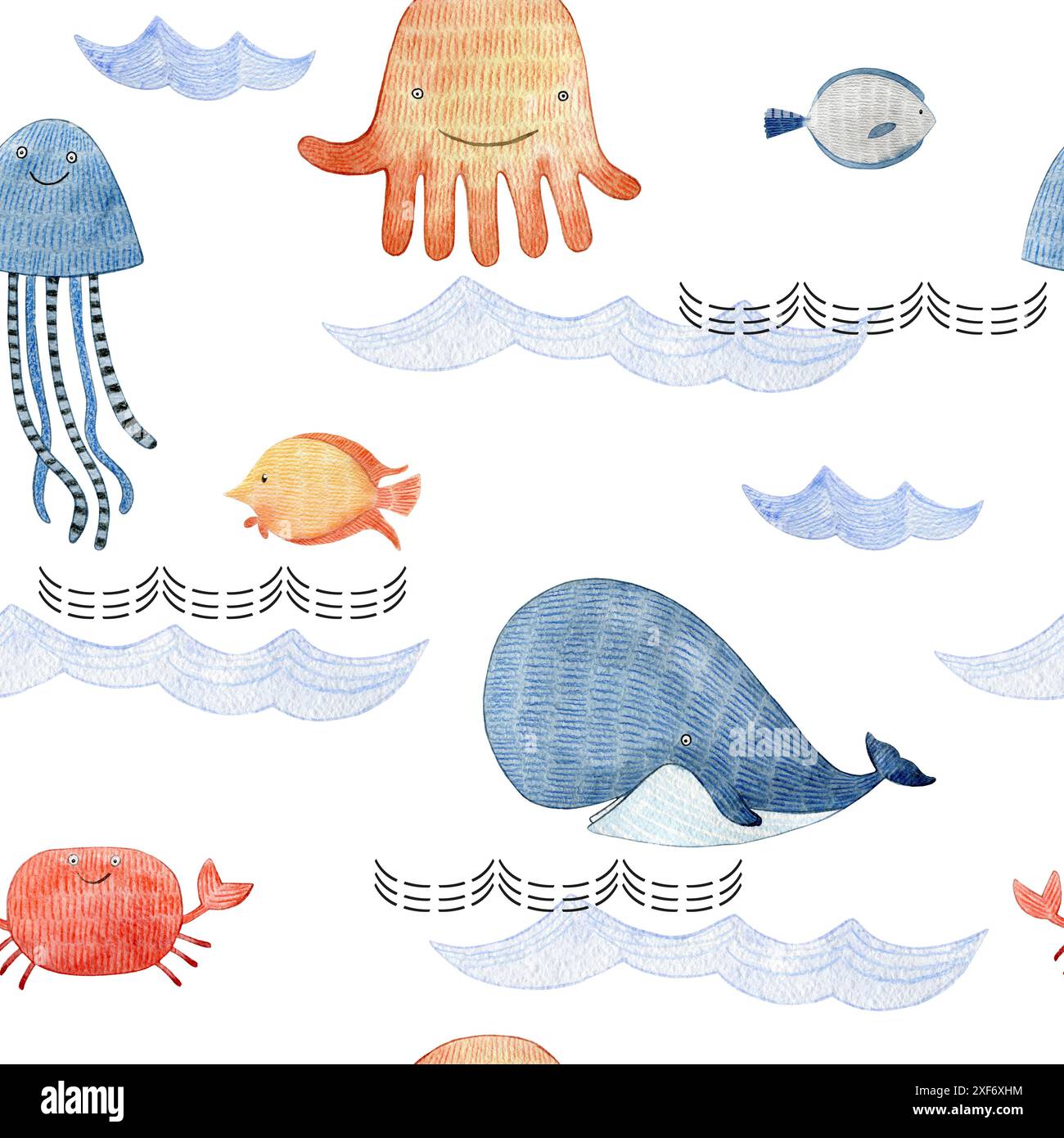 Watercolor seamless pattern with sea creatures. Nautical marine ...