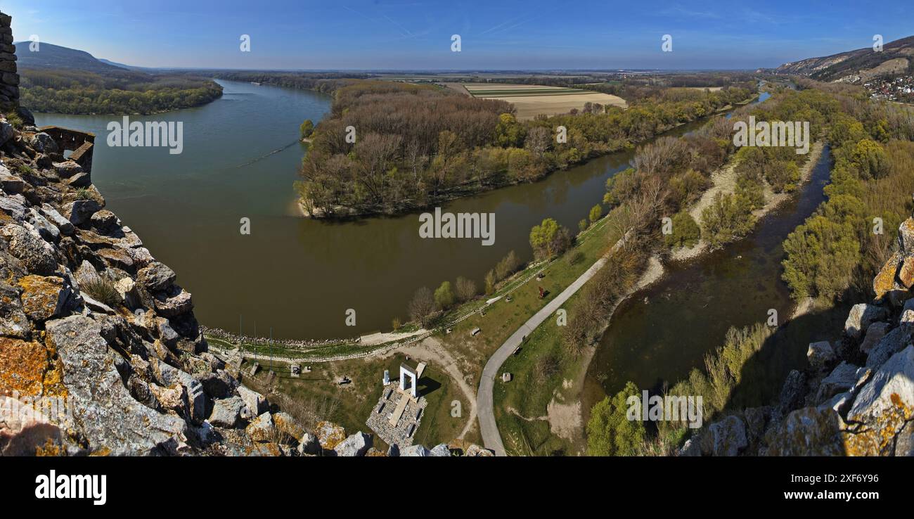 Slovakian Rivers View of the junction of rivers Morava and Danube from the castle Devin ...