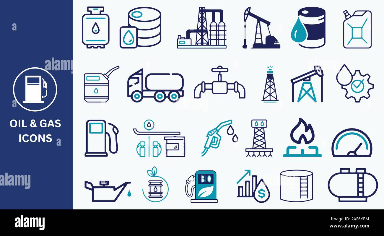 Oil And Gas Icon Set. Oil well, oil barrel, gas pump, offshore platform ...
