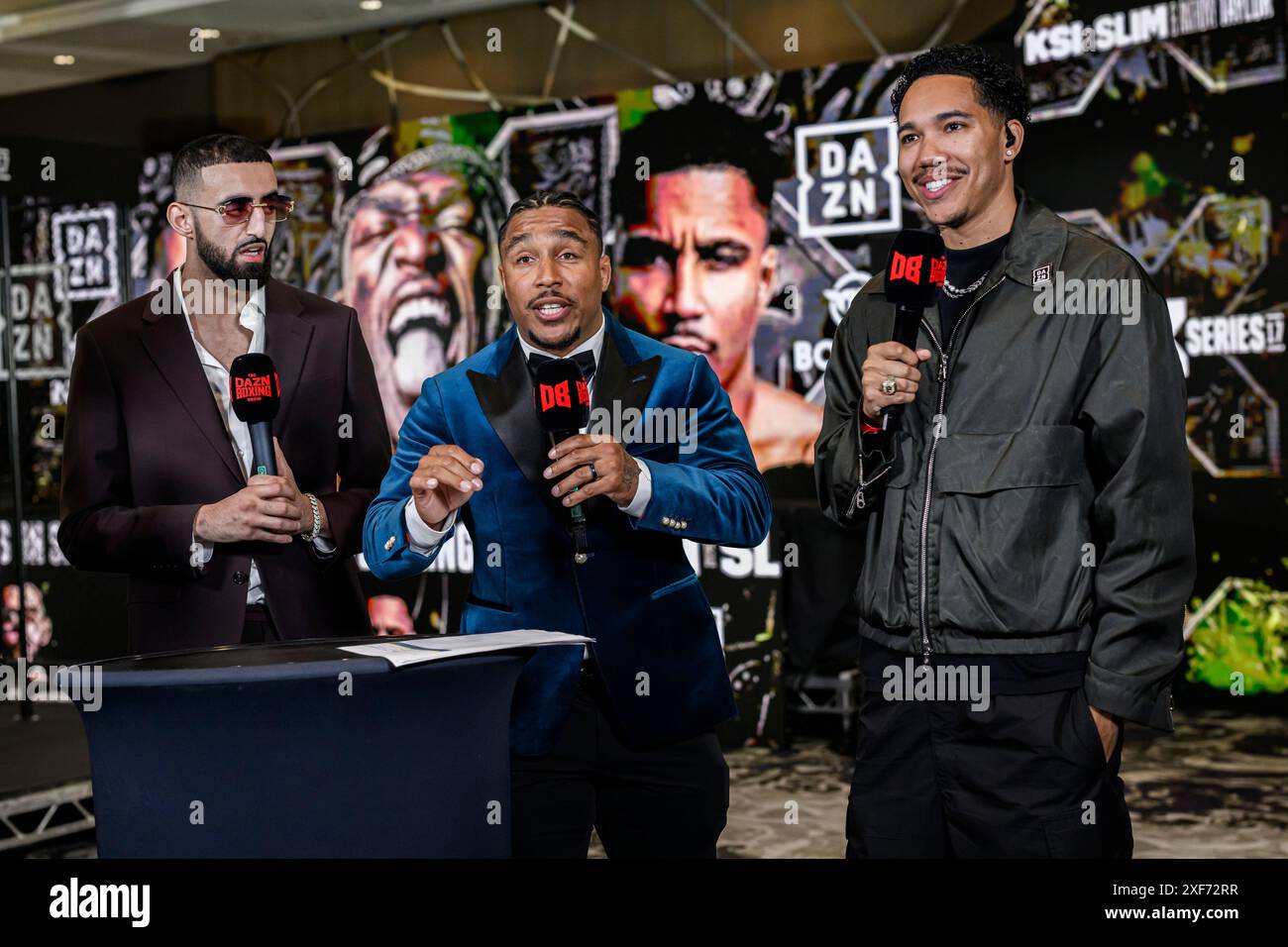 LONDON, UNITED KINGDOM. 01 Jul, 2024. Anthony Taylor (centre) and SILM (left) give DAZN TV interview after the X Series 17 Main Event Press Conference at Hilton, Wembley on Monday, July 01, 2024, LONDON, ENGLAND. Credit: Taka G Wu/Alamy Live News Stock Photo