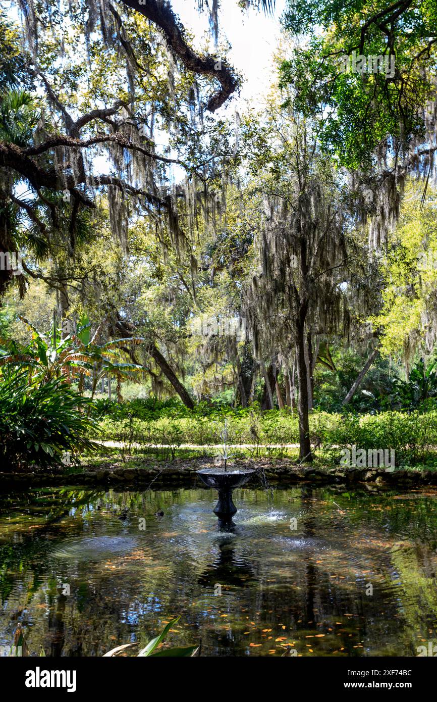 Fountain amongst the Spanish Moss and trees Stock Photo