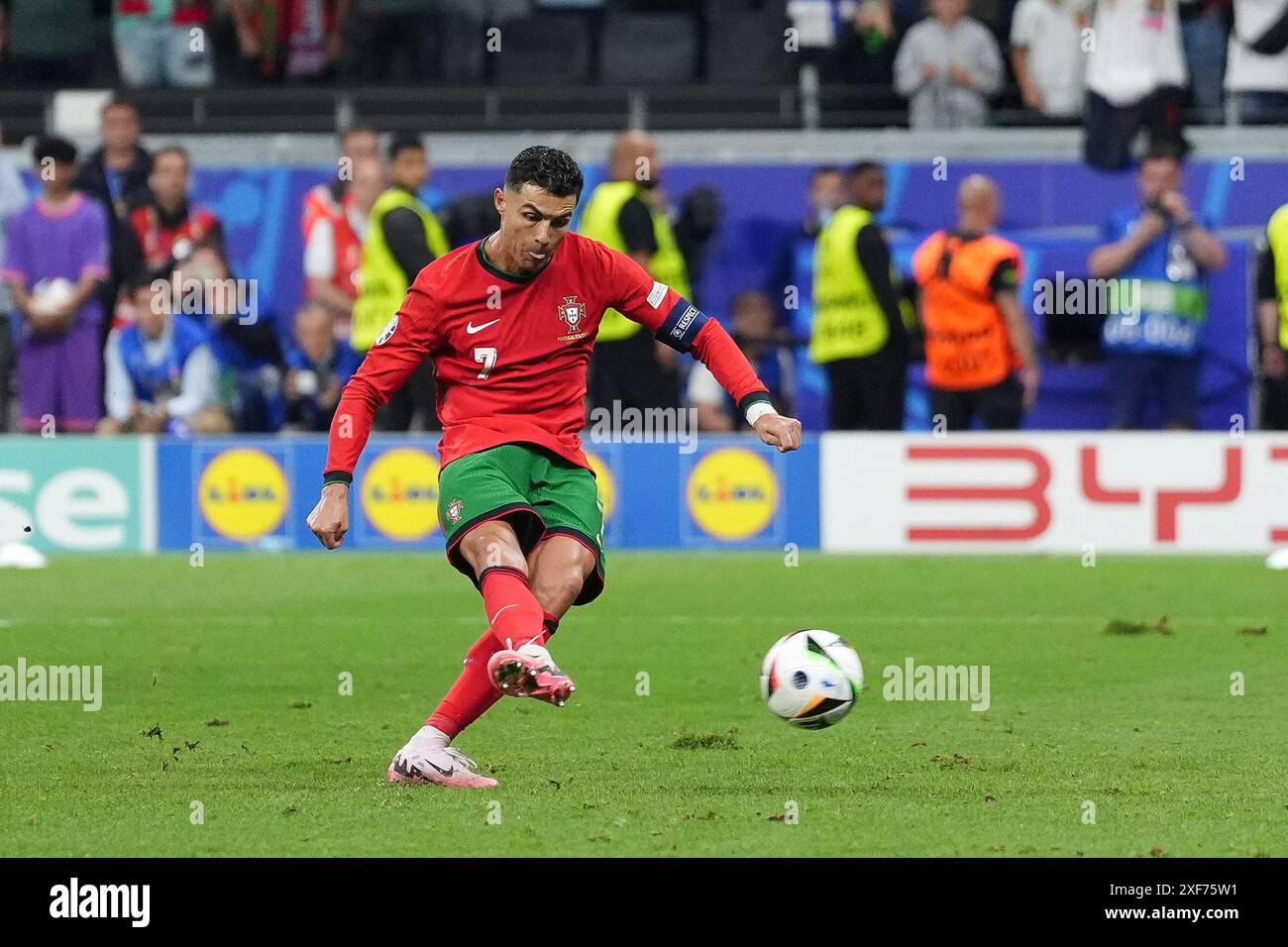 Portugal's Cristiano Ronaldo misses a penalty during the UEFA Euro 2025