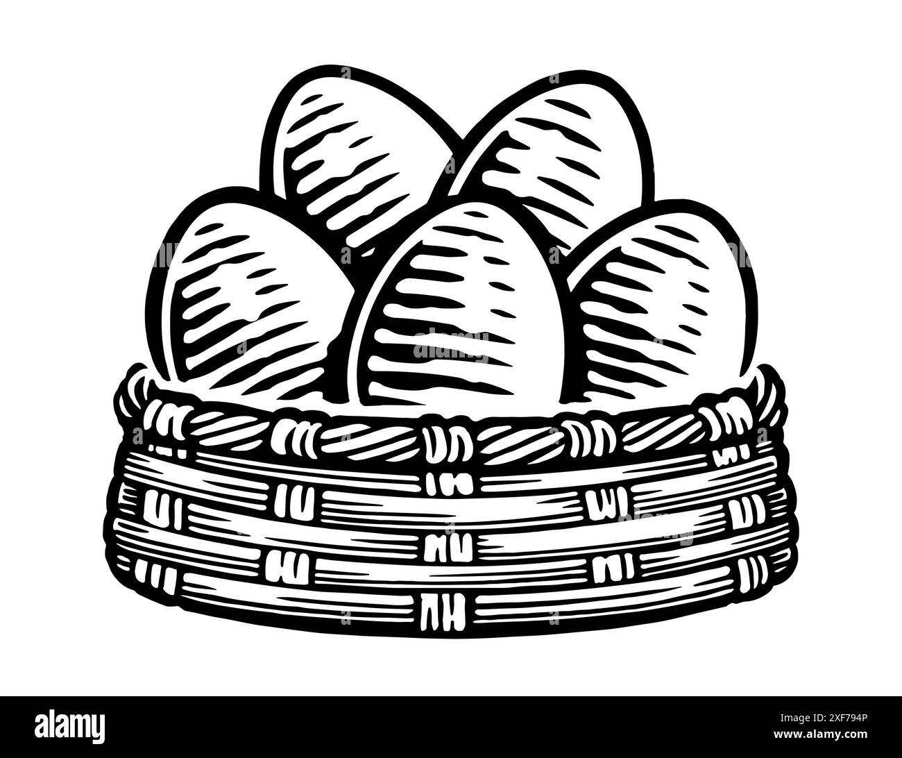 Chicken eggs in a basket, emblem. Poultry farm symbol. Organic food