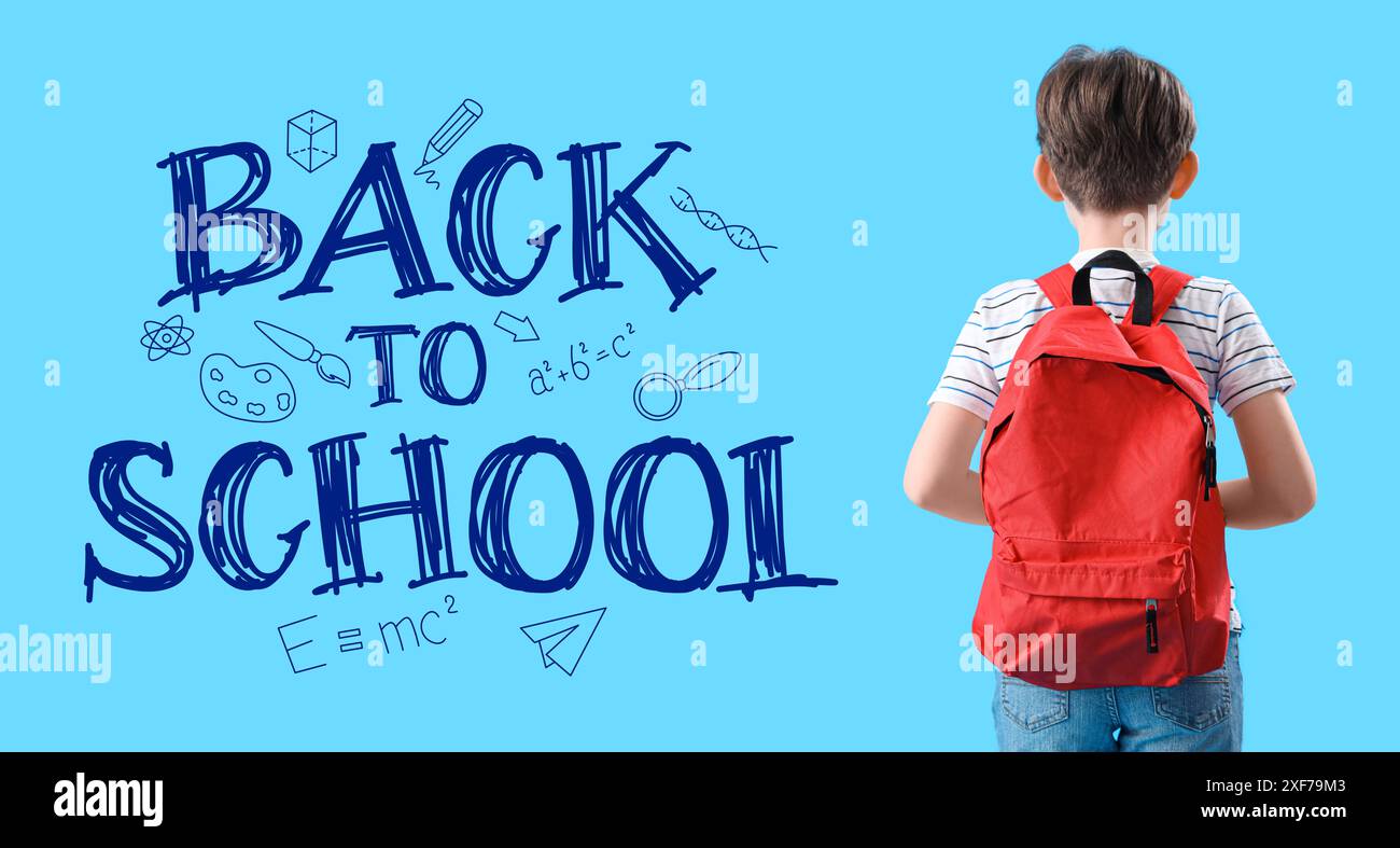 Little boy with backpack on light blue background. Back to school Stock ...