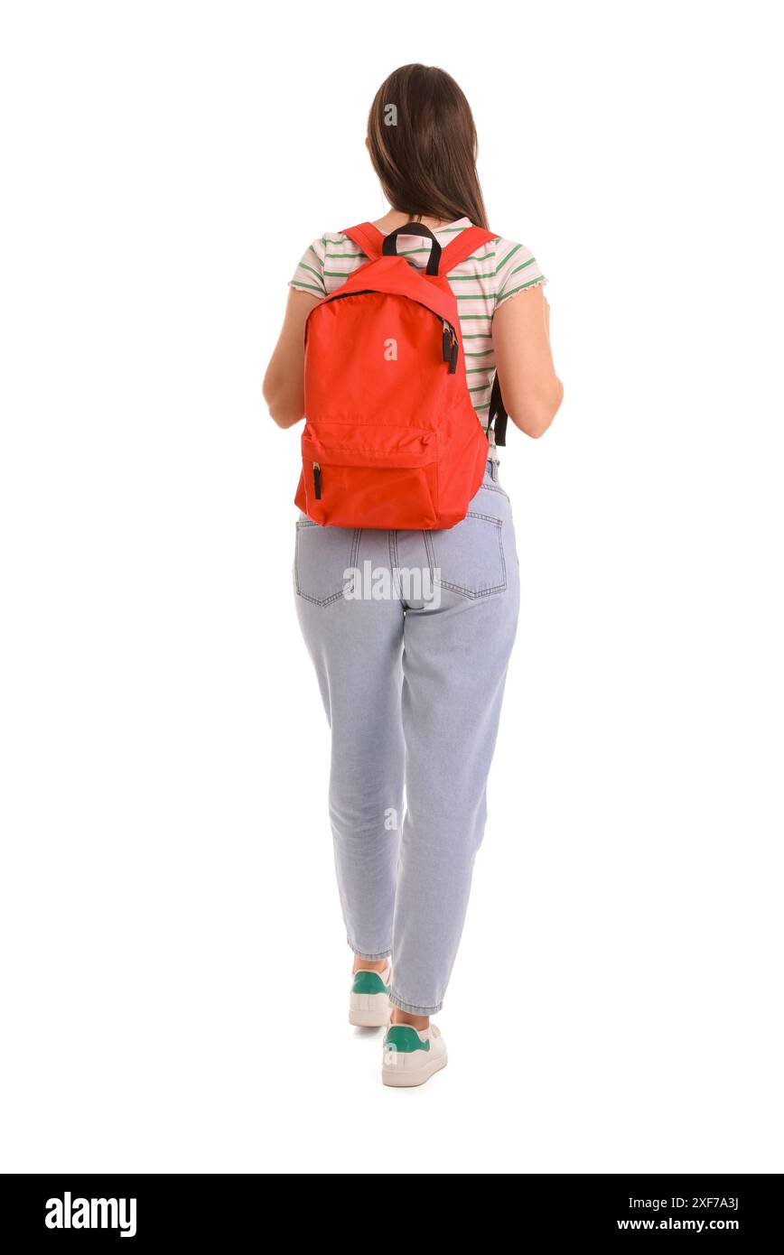 Female student with backpack on white background, back view Stock Photo