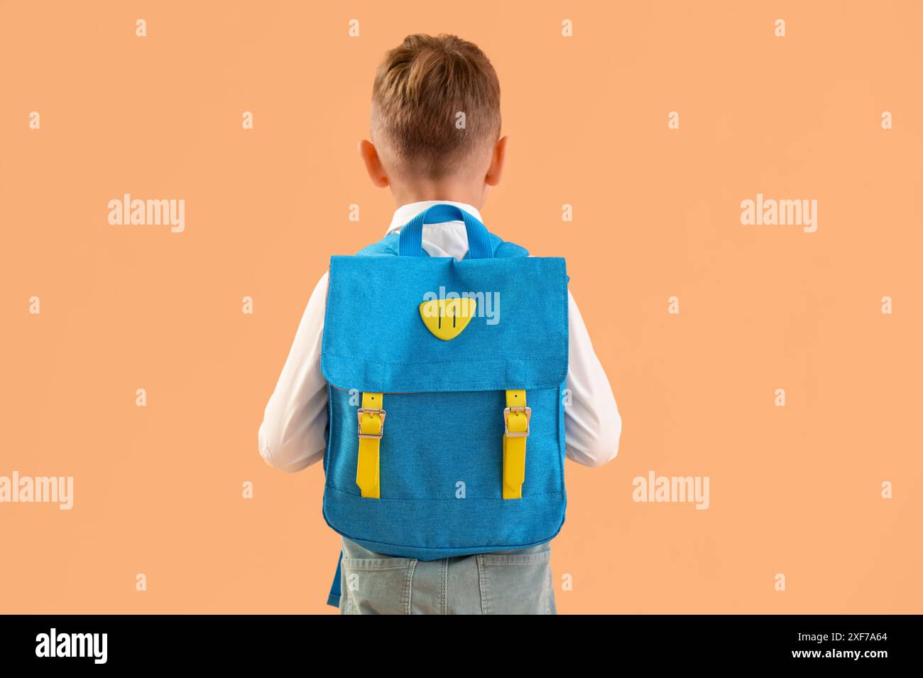 Little schoolboy with blue backpack on orange background, back view ...