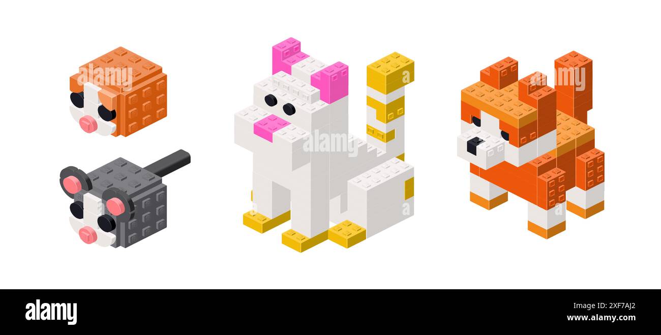 Set of pets in isometry from cubes. Vector Stock Vector