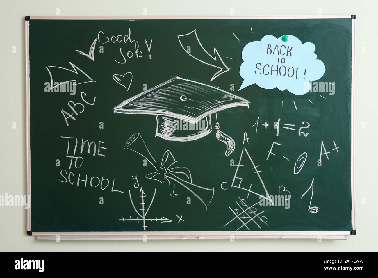 Green chalkboard with different drawings and text BACK TO SCHOOL on ...