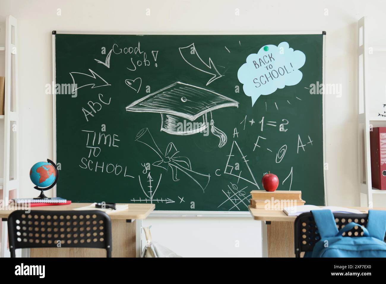 Green chalkboard with different drawings and text BACK TO SCHOOL in ...