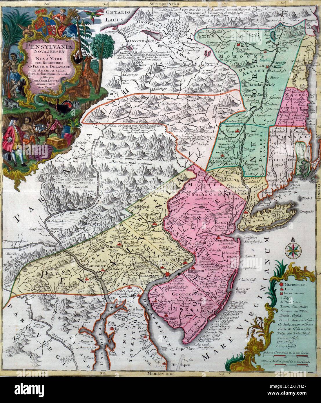Pennsylvania, New Jersey, and New York with the Regions situated on the River Delaware in America - Tobias Conrad  Lotter, 1700s Stock Photo
