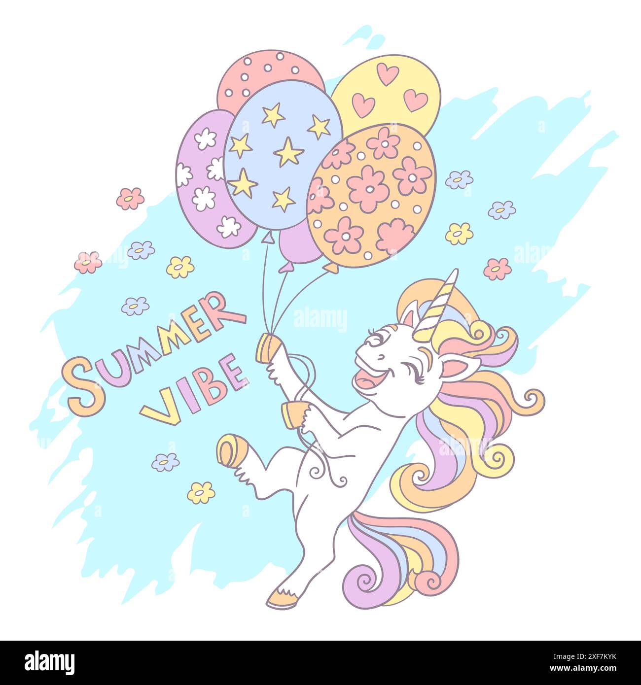 Greeting card cartoon unicorn with balloons and lettering vector Stock ...