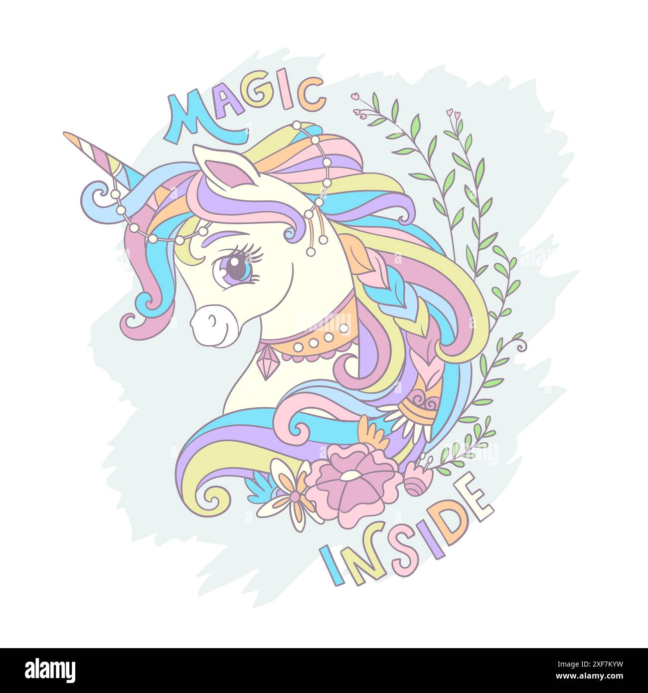 Greeting card with cute cartoon unicorn head and lettering vector Stock ...