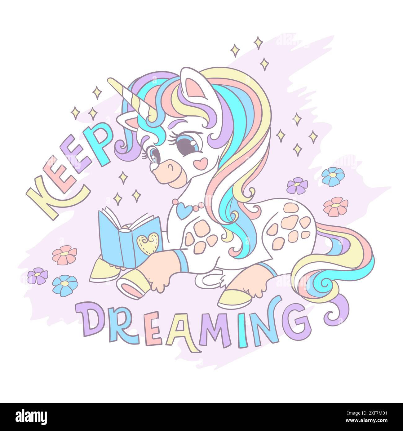 Greeting card with cute reading unicorn and lettering vector Stock ...