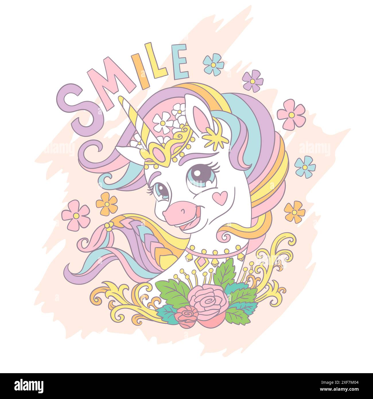 Greeting card with cute cartoon unicorn portrait and lettering vector ...