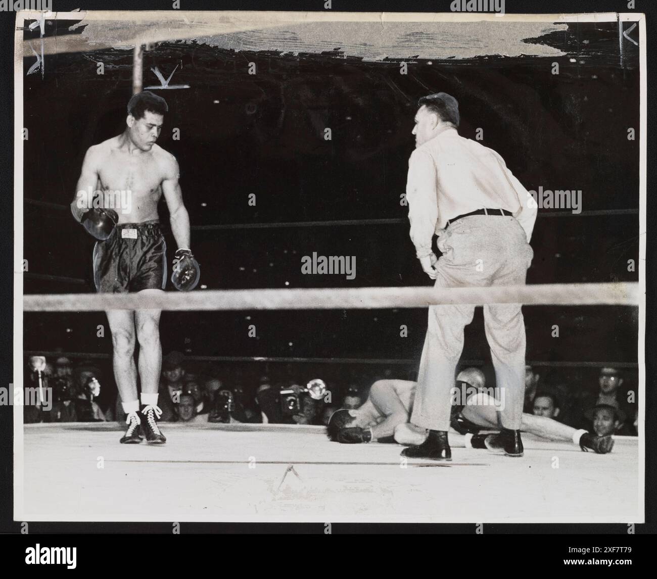 Boxer Joe Louis (1914-1981) (left) looks at Billy Conn (1917-1993)  (lying on canvas) after Conn was knocked out at the World Heavyweight Championship, New York, New York, June 18, 1941. Referee Eddie Joseph stands nearby. Photo by William C Greene/New York World-Telegram and the Sun Newspaper Photograph Collection Stock Photo