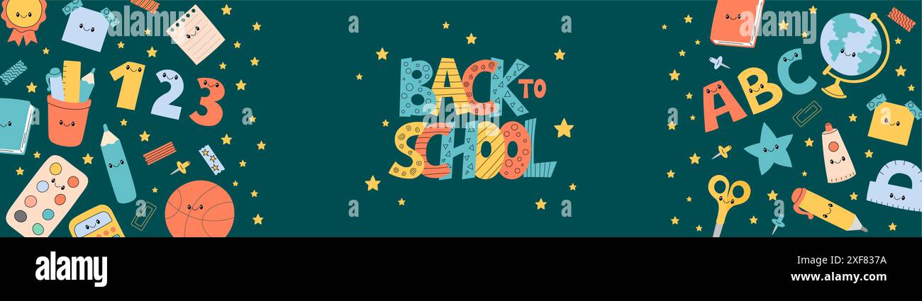 Back to school web banner. Office stationery elements vector background ...