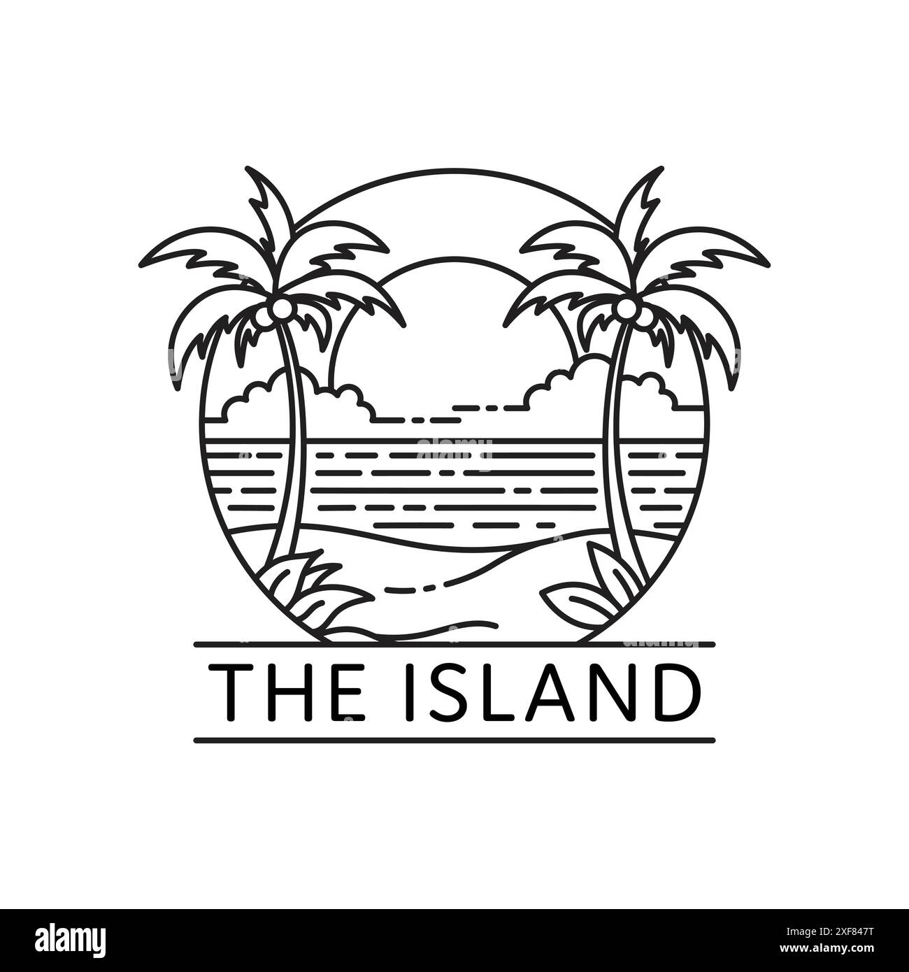 Tropical island line art logo with two palm trees isolated white ...