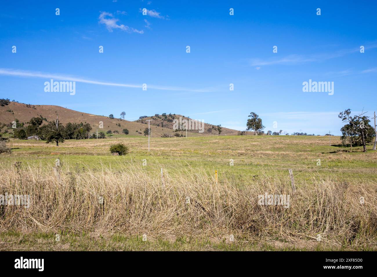 Australian countryside on a blue sky winters day, in regional New South Wales on the outskirts of the town of Dungog, NSW,Australia Stock Photo