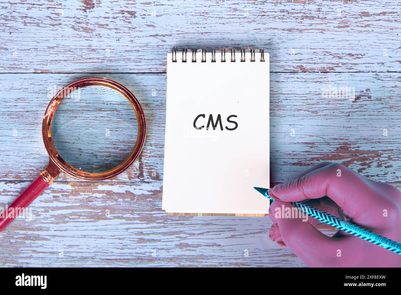 CMS (Content Management System) acronym It is written in the notebook by hand Stock Photo