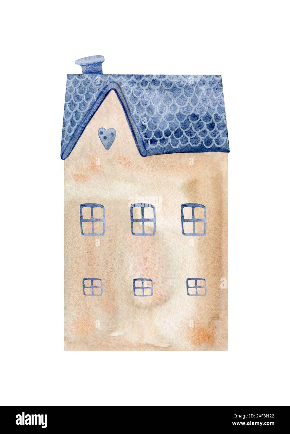 Watercolor illustration of a cute house with a blue roof. Hand drawn ...
