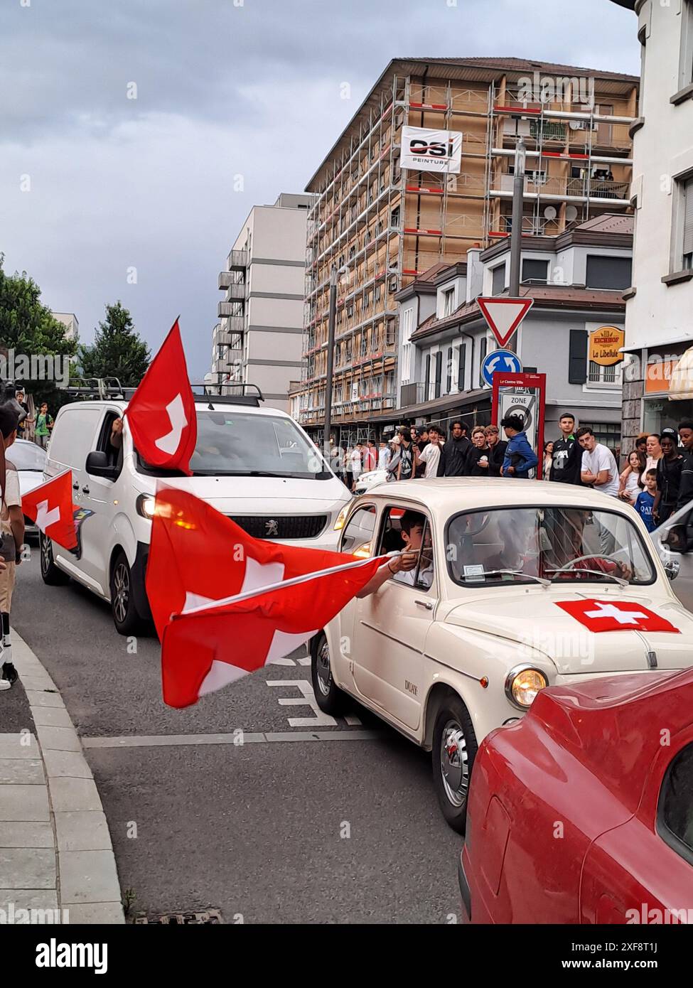 Swiss football fans celebrating after the Switzerland win against Italy