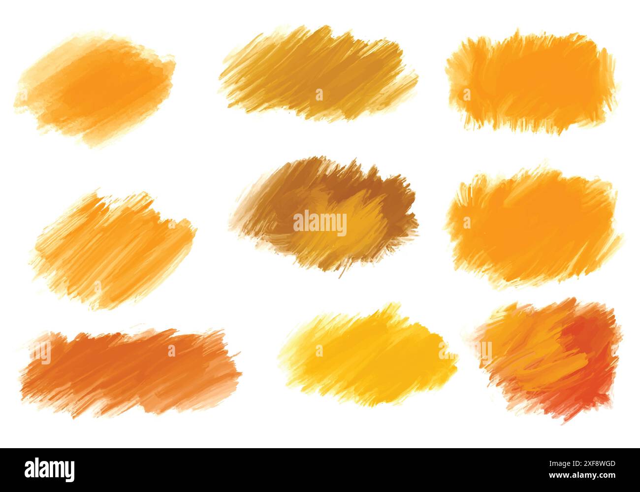 Ink paint orange brush stroke splatter set design Stock Vector