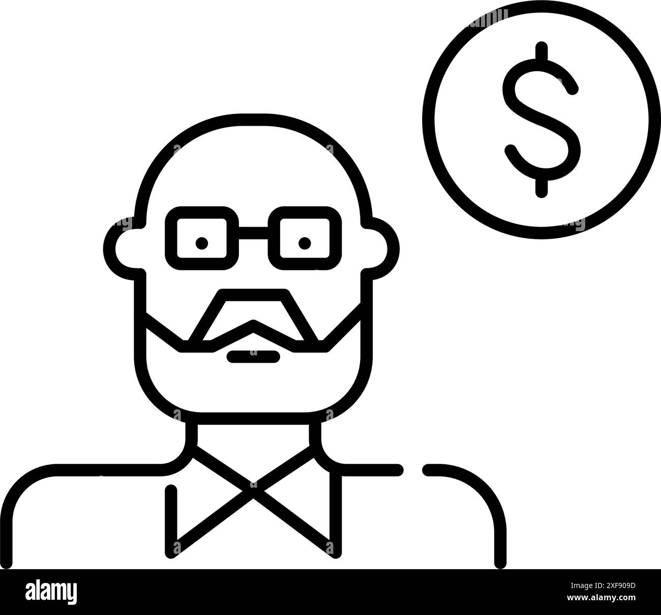 Older man with beard in glasses and dollar sign. Senior income, savings and retirement plans. Pixel perfect vector icon Stock Vector