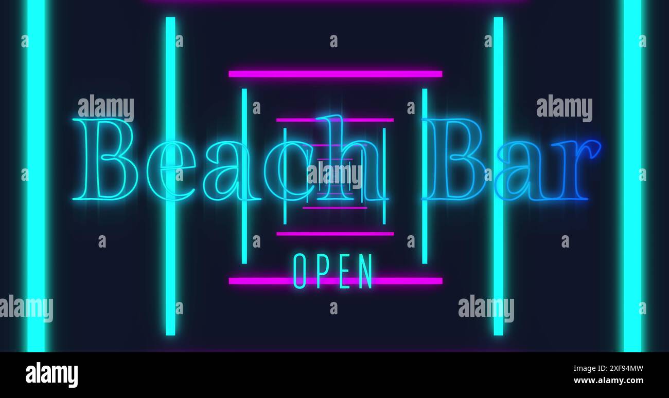 Image of beach bar open text over neon lines on black background Stock Photo
